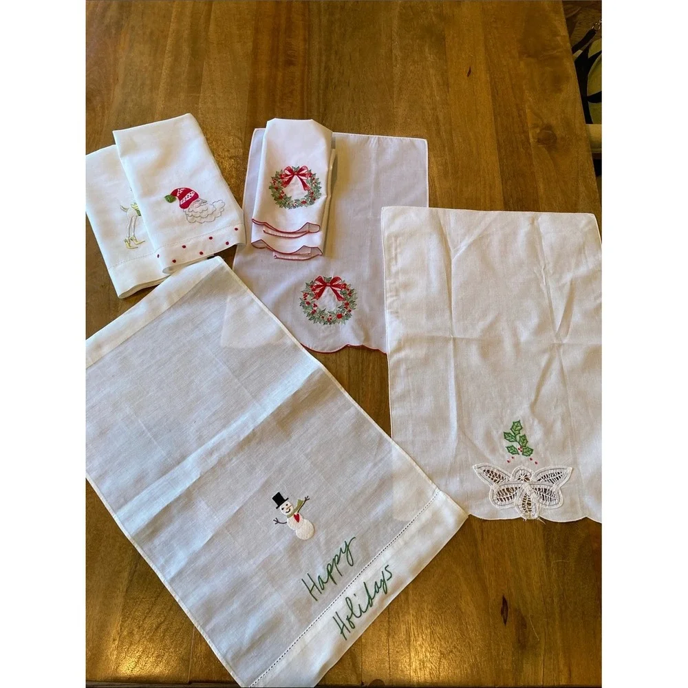Christmas Holiday Themed Embroidered Cotton Tea Hand Towels Set of‎ 7 Variety